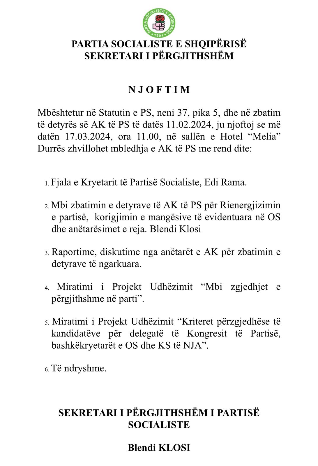 rama mbledh te dielen ne durres asamblene e ps nga rienergjizimi i partise tek anetaresimet dhe zgjedhjet