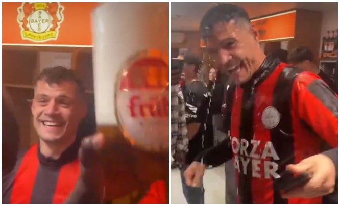 video feste e cmendur te leverkusen ne dhomat e zhveshjes xhaka me shoke nuk permbahen pas fitores se titullit historik