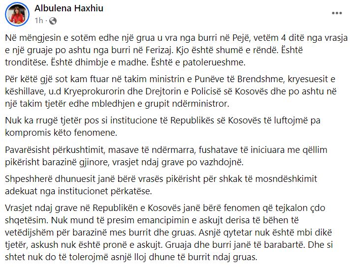 Vrasja në Pejë, ministrja e Drejtësisë së Kosovës takim urgjent me institucionet: E patolerueshme!