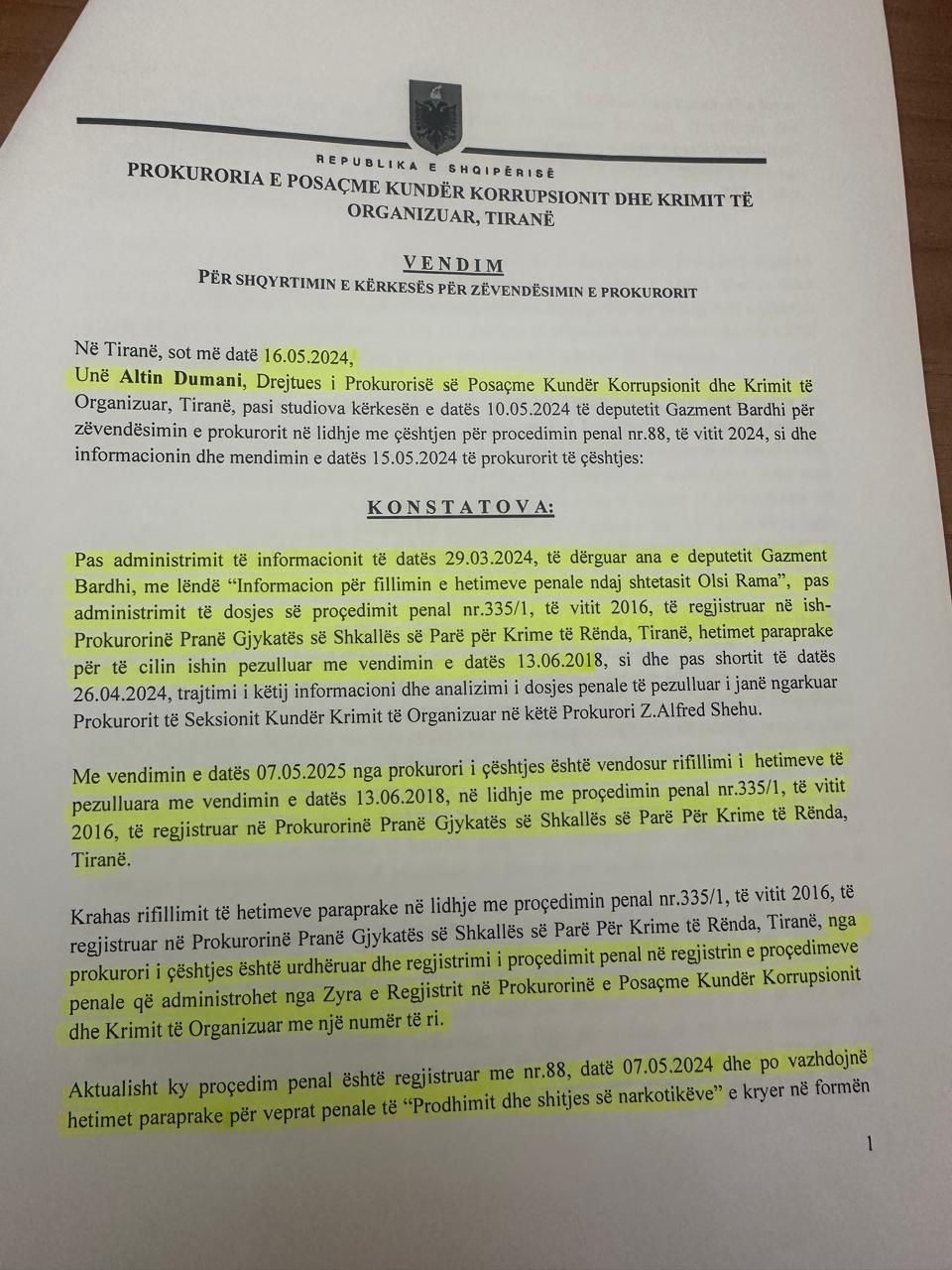 xibraka rama tha se nuk ka bere kallezim bardhi i pergjigjet duke publikuar pergjigjen e altin dumanit per rihapjen e dosjes