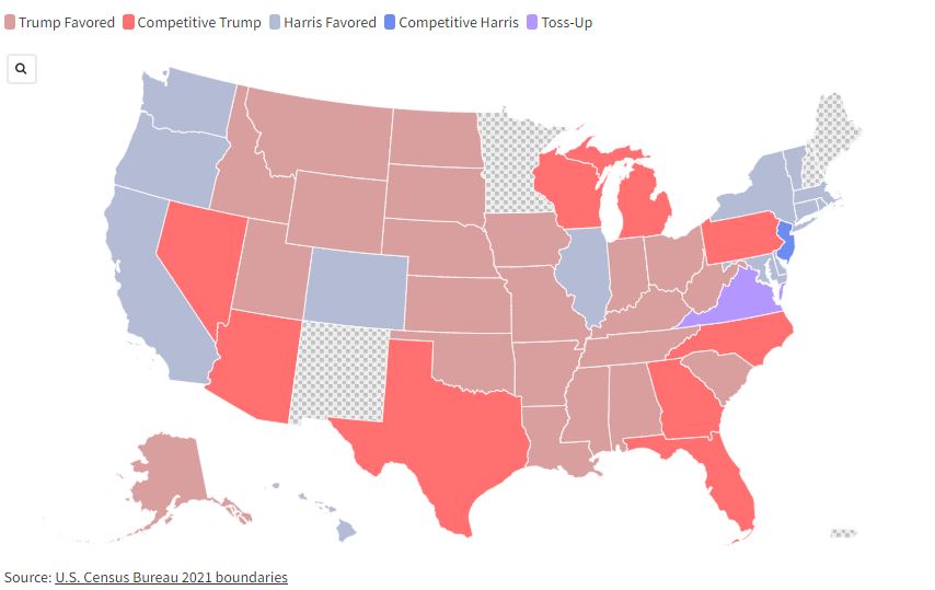 harta ja shtetet ku trump dhe harris rezultojne fitues nga sondazhet