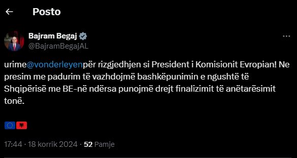 von der leyen rizgjidhet presidente e komisionit evropian bajram begaj presim me padurim te vazhdojme bashkepunimin teksa punojme per anetaresimin ne be