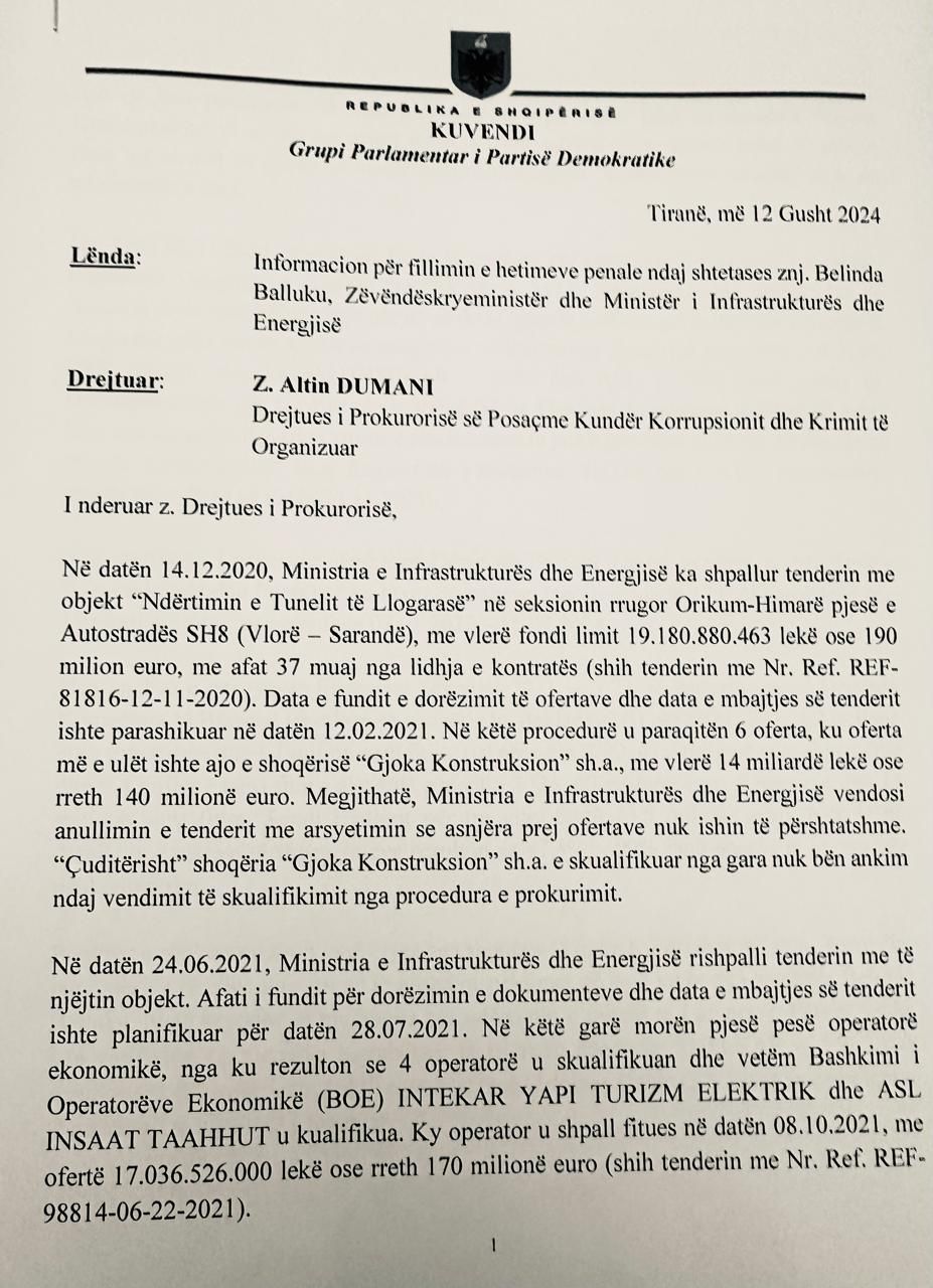 30 mln e abuzim dhe paracaktim i fituesit per tunelin e llogarase pd kallezon ne spak belinda ballukun si i fryu ministrja kostot e ndertimit zbulohet tarifa e korrupsion