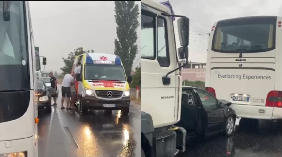 pamje aksident ne aksin shkoder lezhe shoferi tentoi te parakalonte por makina godet autobusin dhe perplaset nga nje kamion