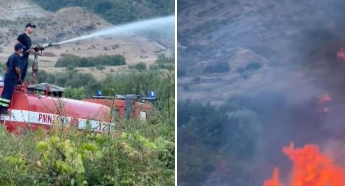 video zjarr ne fushat e fshatit shtepez te gjirokastres flaket rrezikuan edhe nje bujtine ja si paraqitet situata