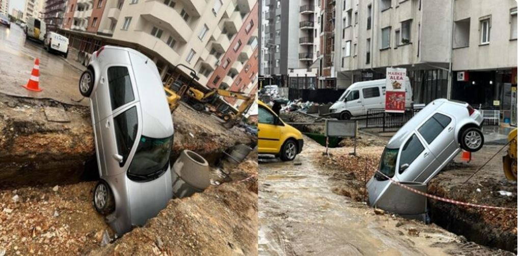 VIDEO/ Makina bie në gropën e punimeve në Fushë Kosovë