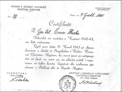 enver hoxha certifikata dekorata